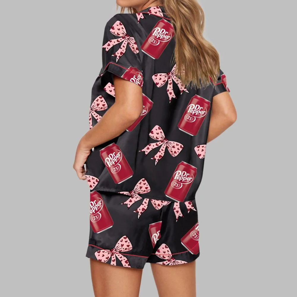 Drink Pink Coquette Bow Satin Pajama Set For Women - Image 2