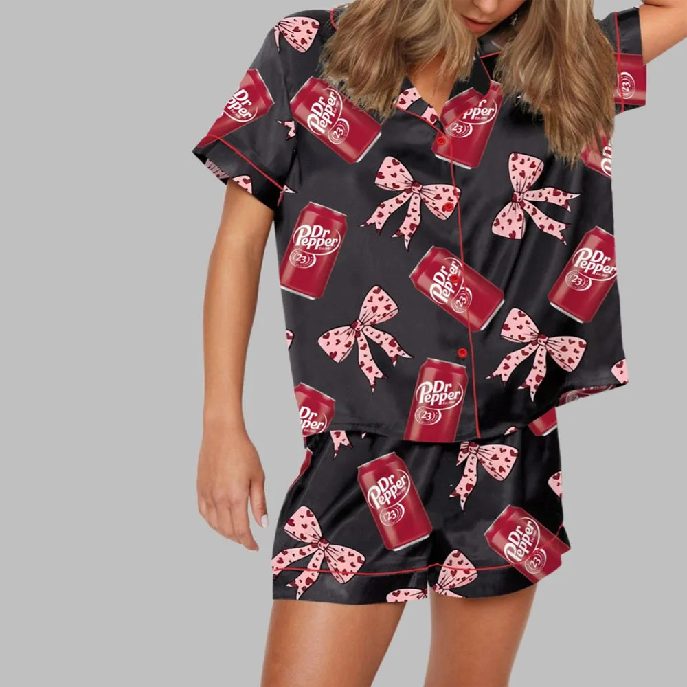 Drink Pink Coquette Bow Satin Pajama Set For Women - Image 3