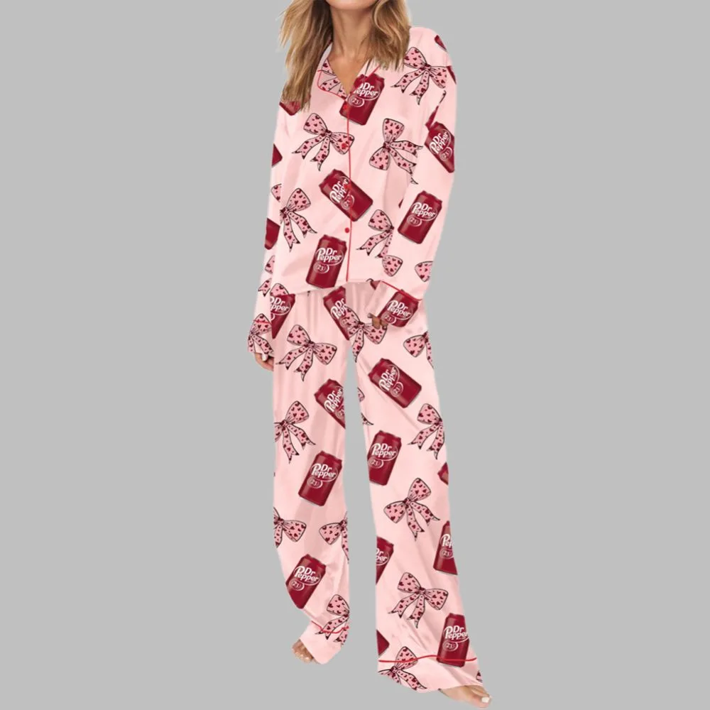 Drink Pink Coquette Bow Pajama Set For Women - Image 3