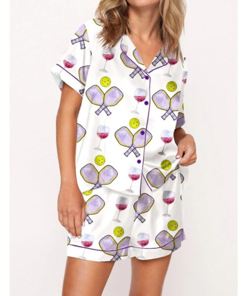 Pickleball Wine Satin Pajama Set For Women