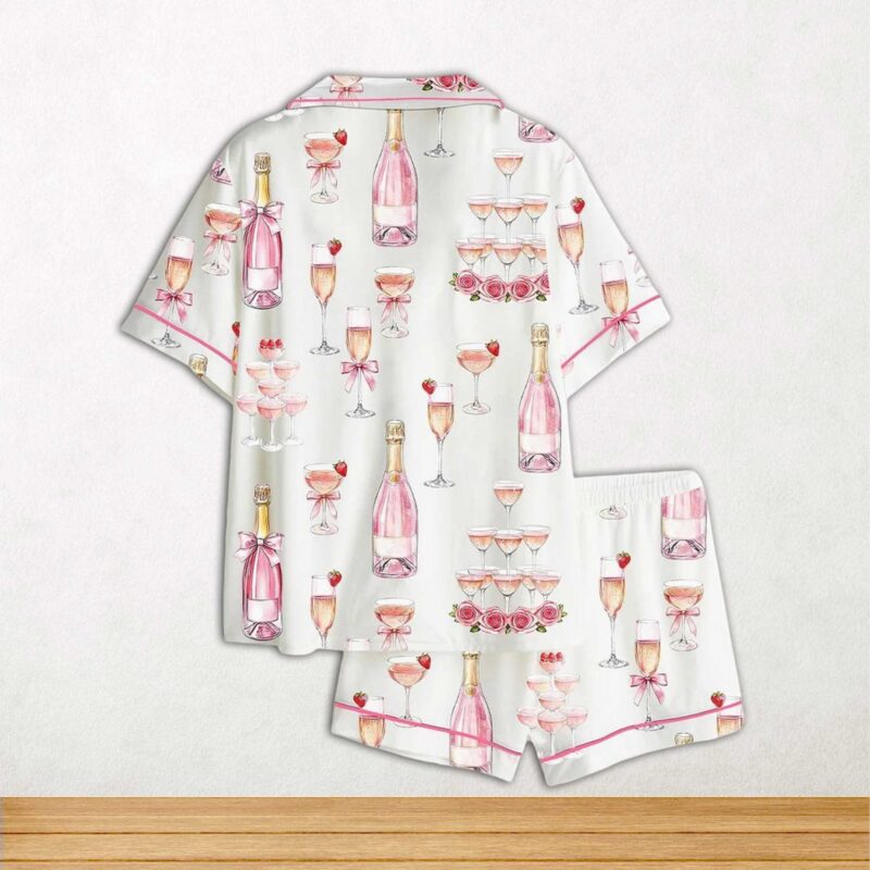 Pink Champagne Bridal Shower Champagne Tower Celebration Short Sleeve Satin Pajama Set For Women - Image 2
