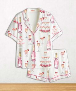 Pink Champagne Bridal Shower Champagne Tower Celebration Short Sleeve Satin Pajama Set For Women