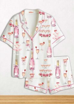 Pink Champagne Bridal Shower Champagne Tower Celebration Short Sleeve Satin Pajama Set For Women