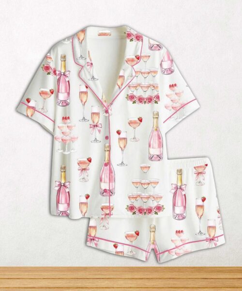 Pink Champagne Bridal Shower Champagne Tower Celebration Short Sleeve Satin Pajama Set For Women
