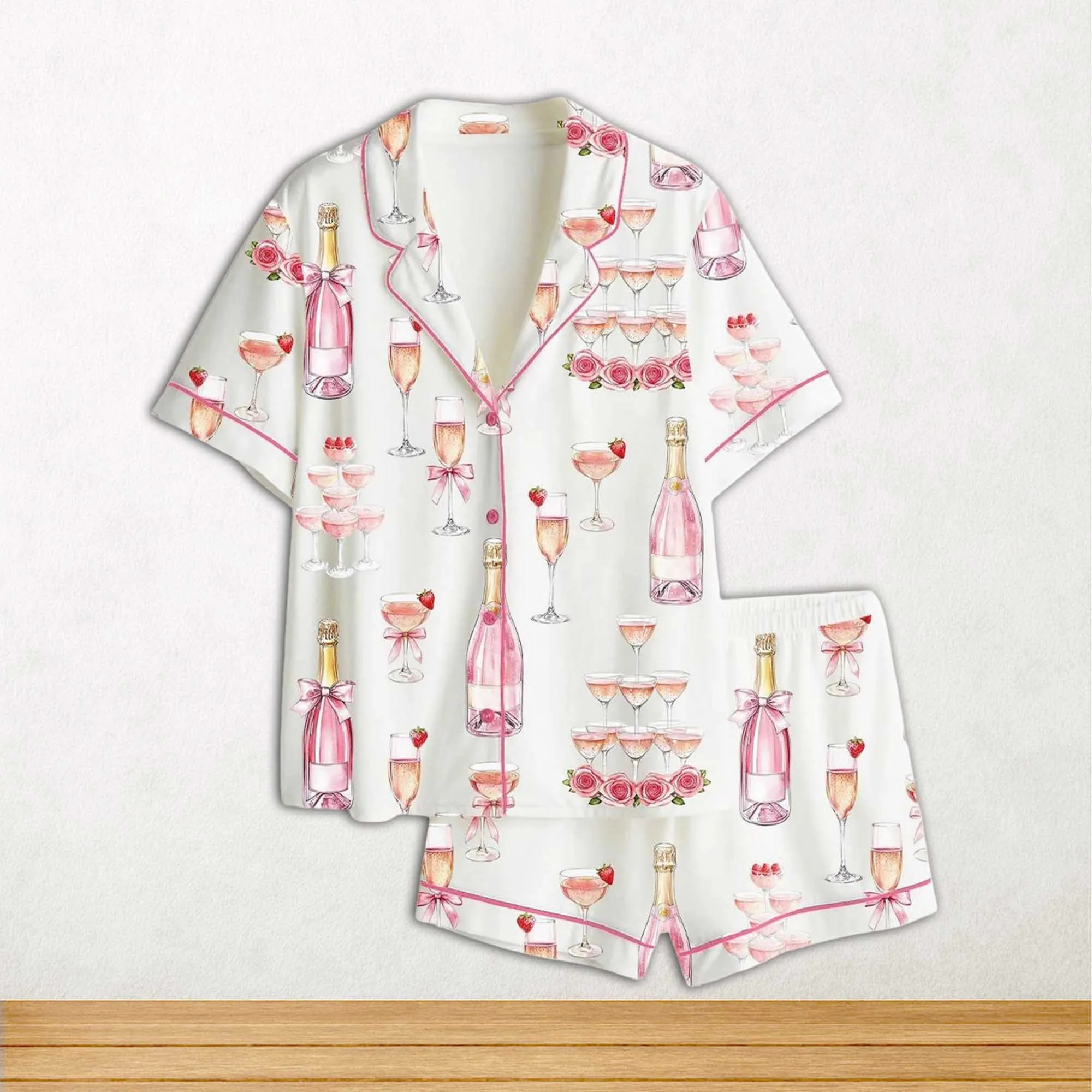 Pink Champagne Bridal Shower Champagne Tower Celebration Short Sleeve Satin Pajama Set For Women