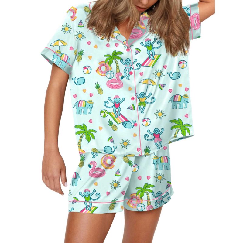 Pool Party Monkey Satin Pajama Set For Women - Image 7
