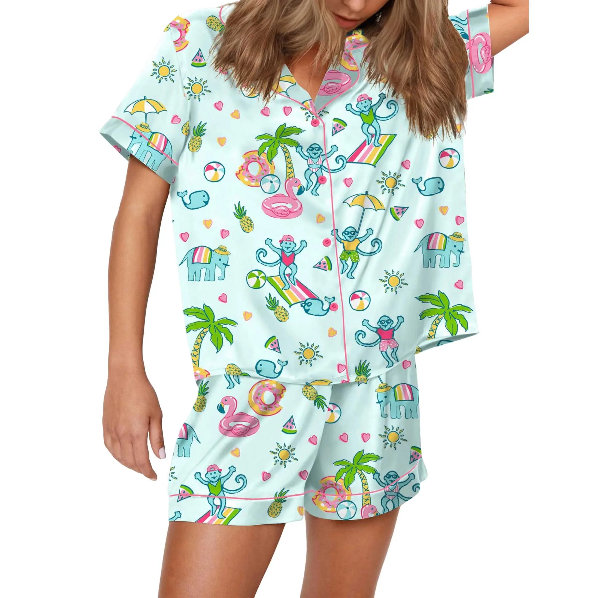 Pool Party Monkey Satin Pajama Set For Women - Image 7