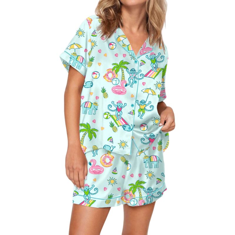 Pool Party Monkey Satin Pajama Set For Women - Image 2