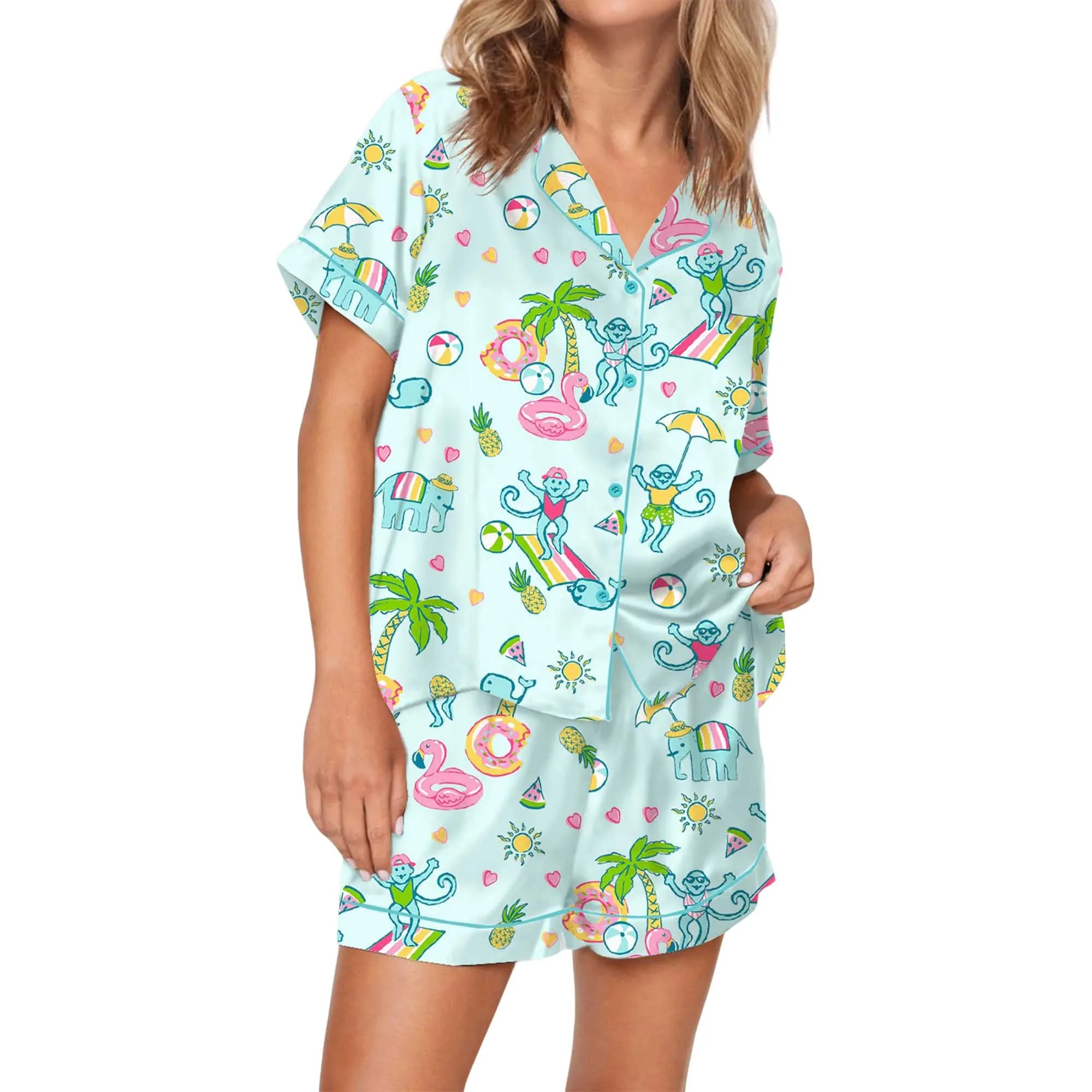 Pool Party Monkey Satin Pajama Set For Women - Image 2