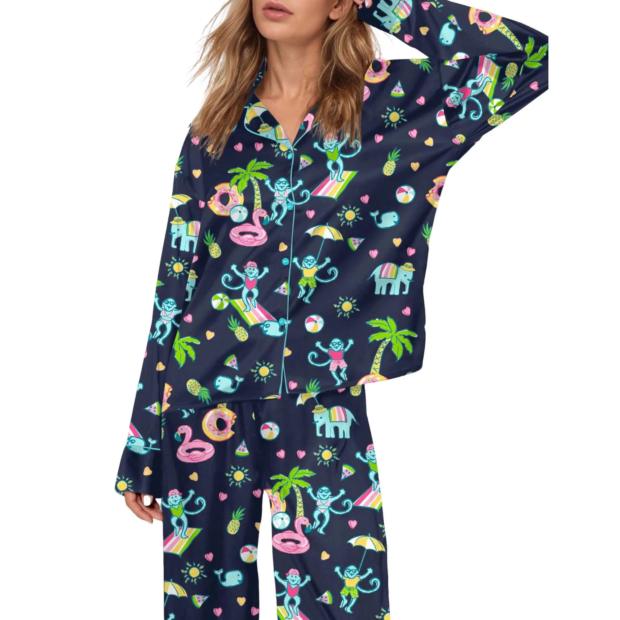 Pool Party Monkey Satin Pajama Set For Women - Image 3