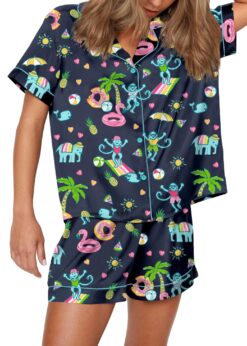 Pool Party Monkey Satin Pajama Set For Women
