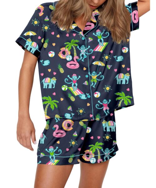 Pool Party Monkey Satin Pajama Set For Women