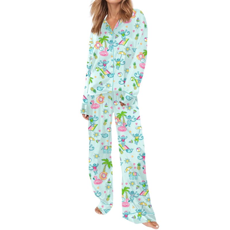 Pool Party Monkey Satin Pajama Set For Women - Image 8