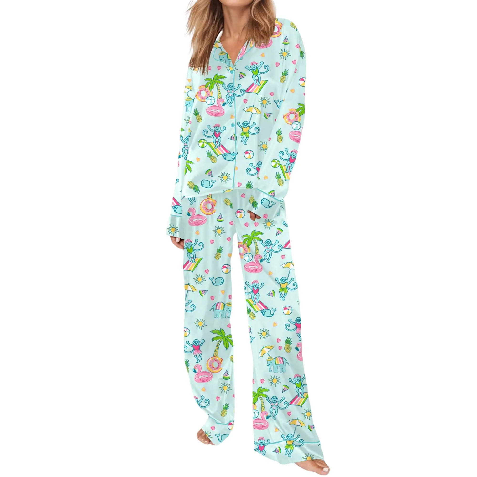 Pool Party Monkey Satin Pajama Set For Women - Image 8