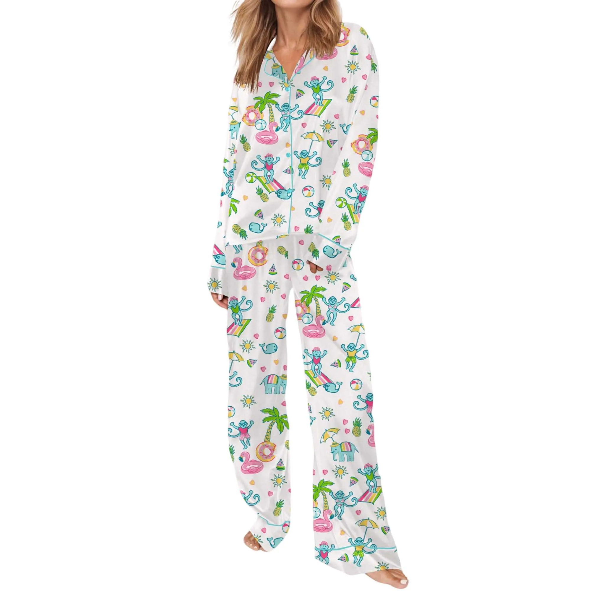 Pool Party Monkey Satin Pajama Set For Women - Image 9