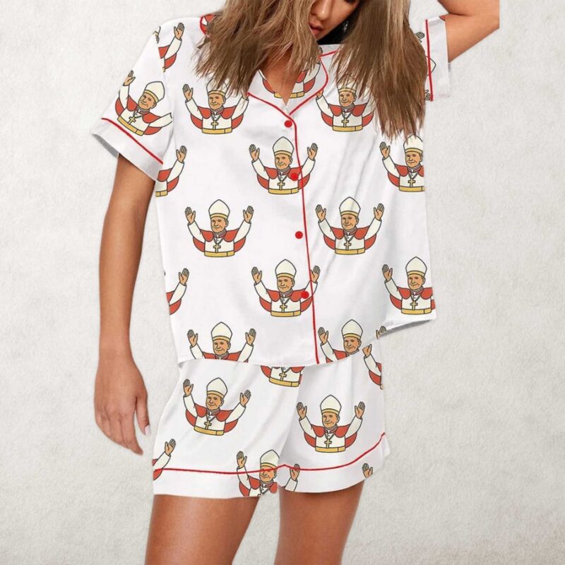 Pope Leo XIV Catholic Print Pajama Set For Women - Image 3