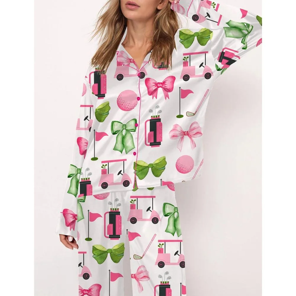 Preppy Coquette Golf Satin Pajama Set For Women - Image 2