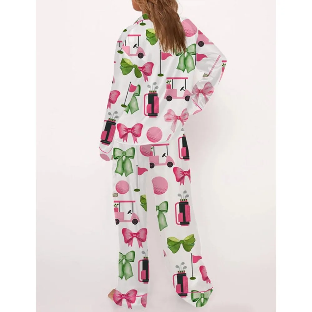Preppy Coquette Golf Satin Pajama Set For Women - Image 3