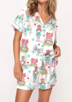 Preppy Nutcracker Christmas Satin Pajama Set For Women