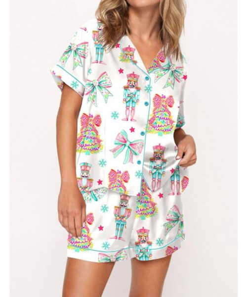 Preppy Nutcracker Christmas Satin Pajama Set For Women