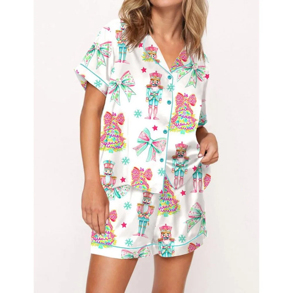 Preppy Nutcracker Christmas Satin Pajama Set For Women