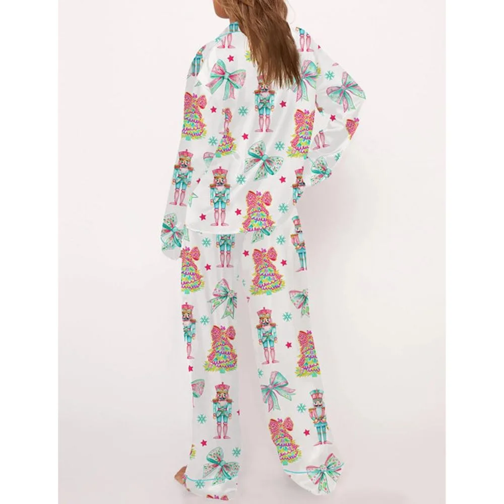 Preppy Nutcracker Christmas Satin Pajama Set For Women - Image 3