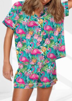 Preppy Tropical Flamingo Satin Pajama Set For Women