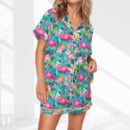 Preppy Tropical Flamingo Satin Pajama Set For Women