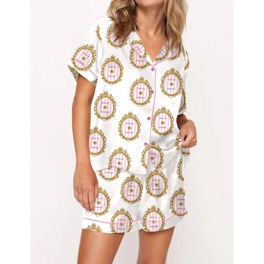 Press For Champagne Button Satin Pajama Set For Women