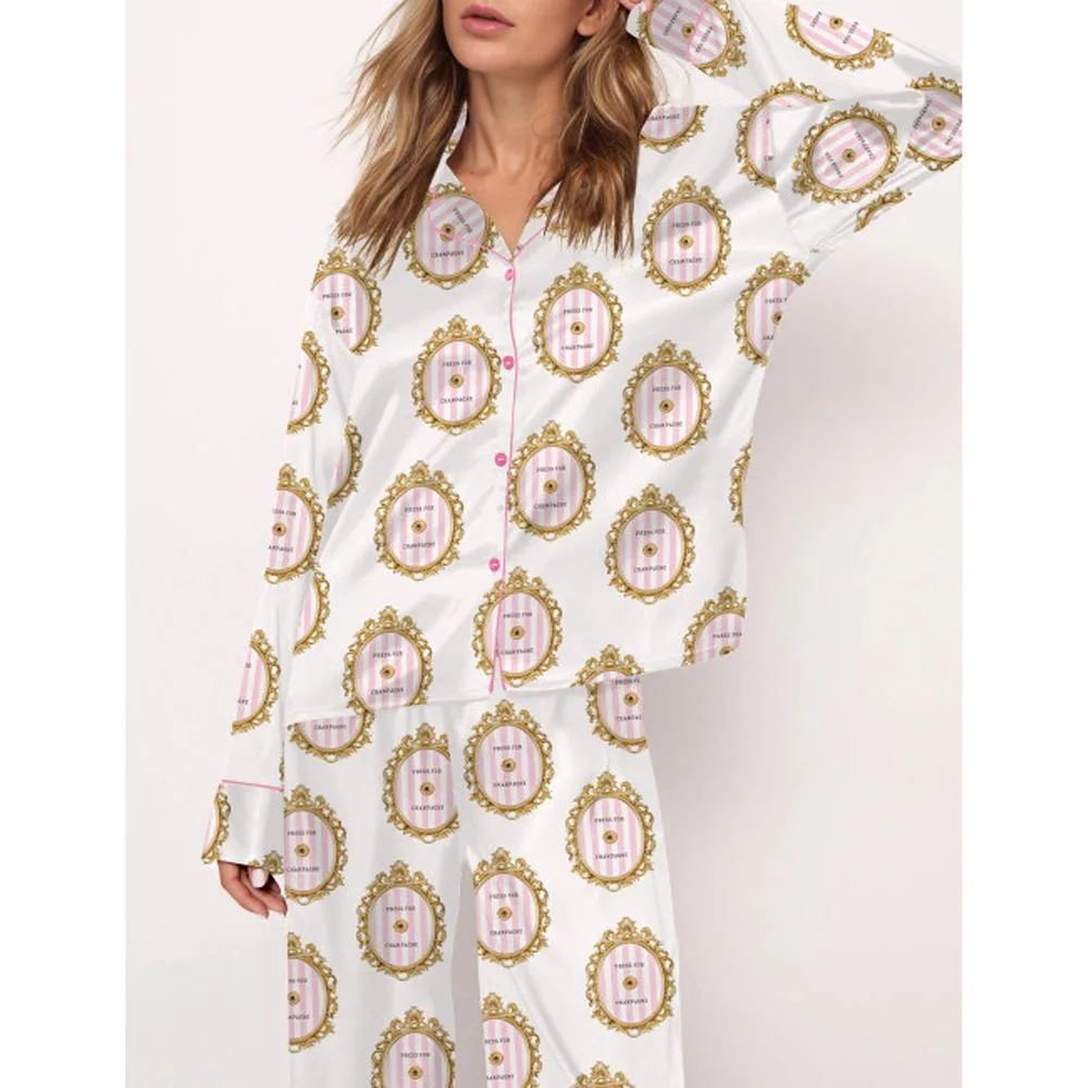 Press For Champagne Button Satin Pajama Set For Women - Image 2
