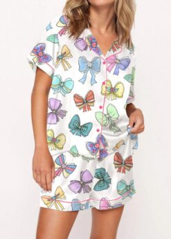 Princess Cute Ribbons And Bows Satin Pajama Set For Women