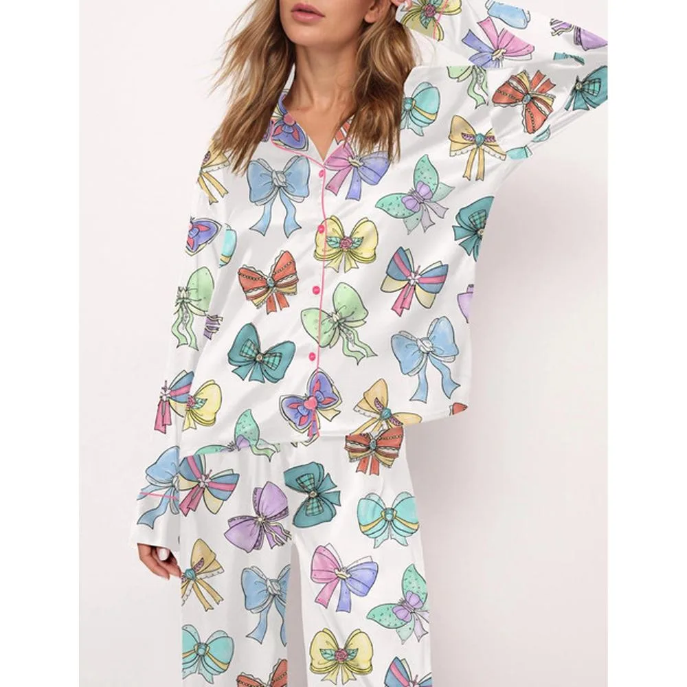 Princess Cute Ribbons And Bows Satin Pajama Set For Women - Image 2