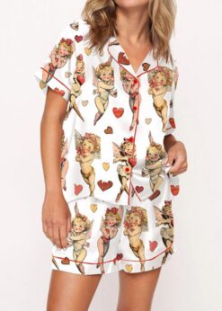 Retro Cupid Coquette Bow Satin Pajama Set For Women