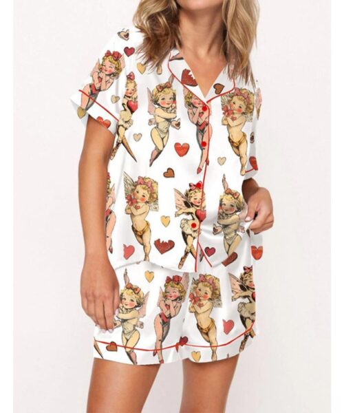 Retro Cupid Coquette Bow Satin Pajama Set For Women