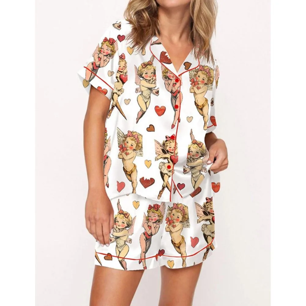 Retro Cupid Coquette Bow Satin Pajama Set For Women