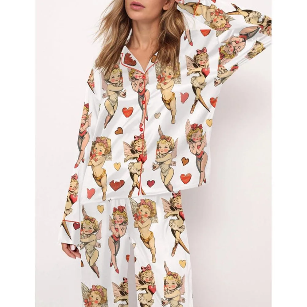 Retro Cupid Coquette Bow Satin Pajama Set For Women - Image 4