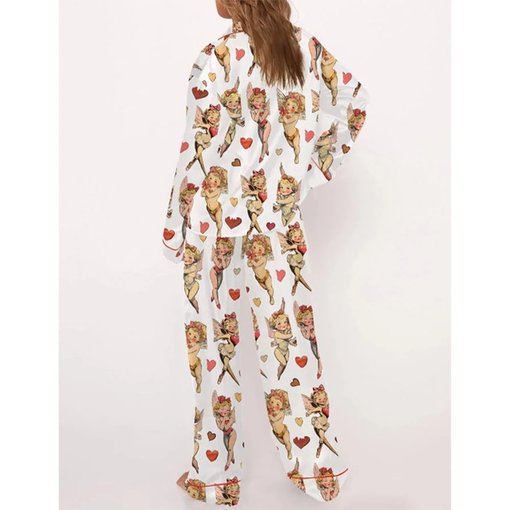 Retro Cupid Coquette Bow Satin Pajama Set For Women - Image 3