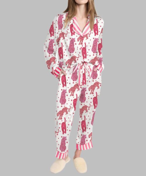 Retro Pink Leopard Pajama Set For Women