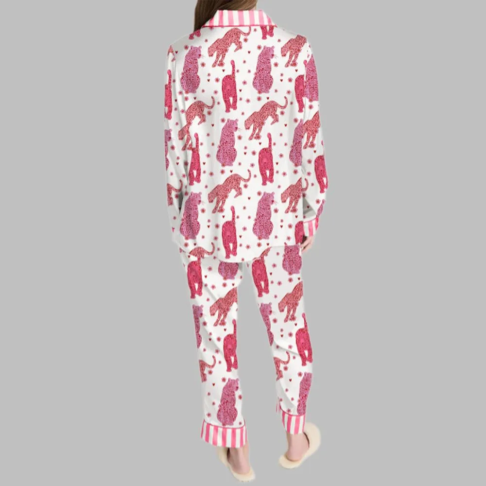 Retro Pink Leopard Pajama Set For Women - Image 3