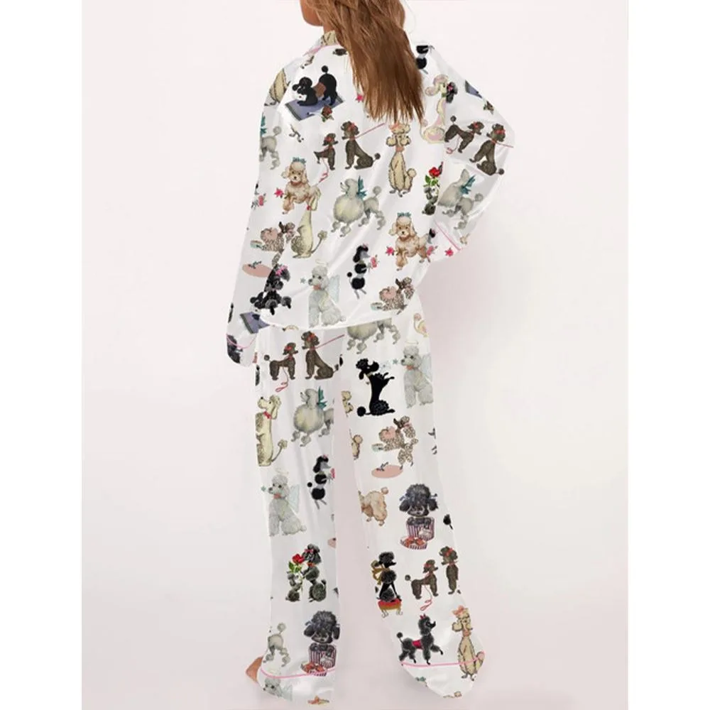 Retro Poodles Dogs Satin Pajama Set For Women - Image 3