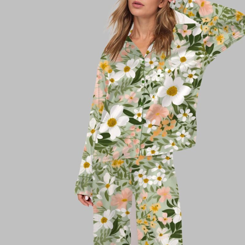 Sage Green Seamless Flowers Pajama Set - Image 2