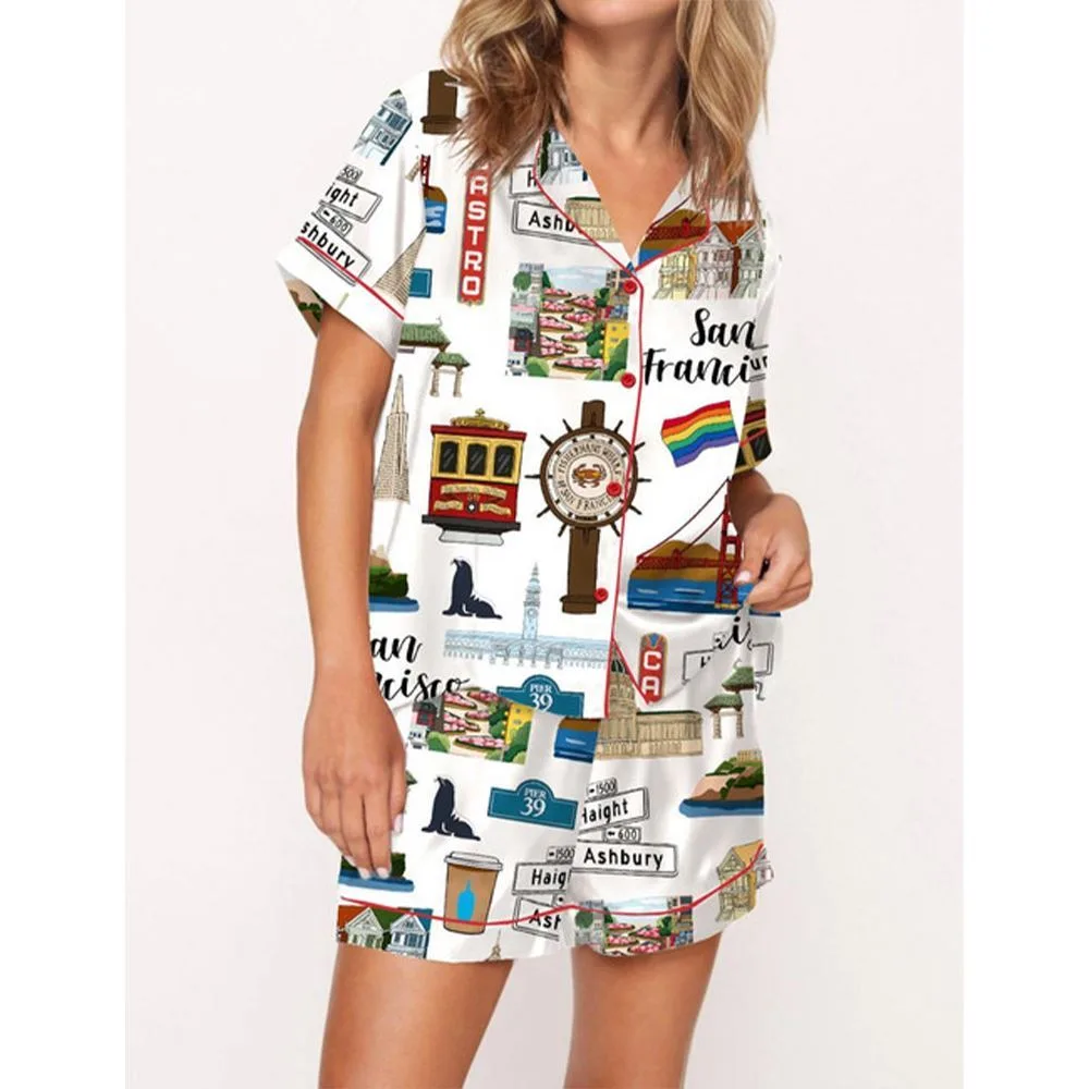 San Francisco Travel Satin Pajama Set For Women