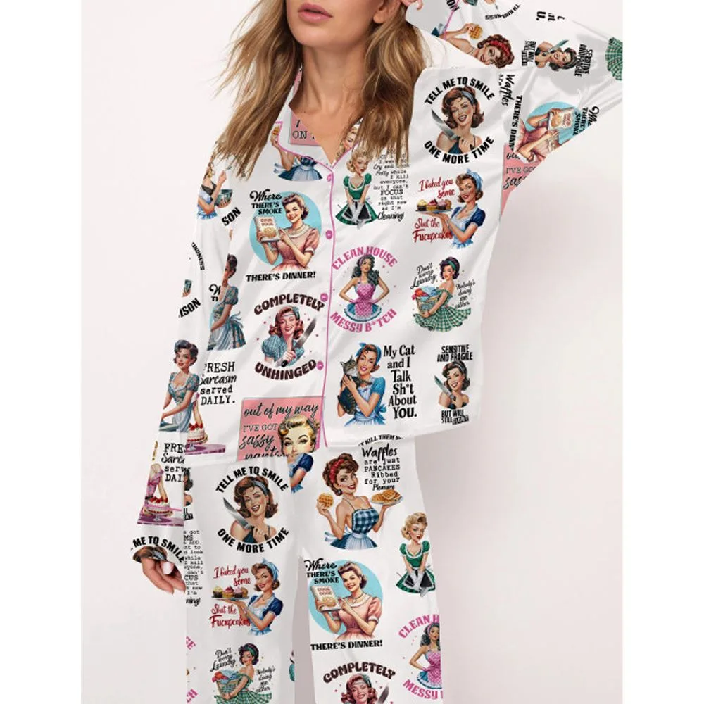 Sarcastic Retro Housewife Satin Pajama Set For Women - Image 2