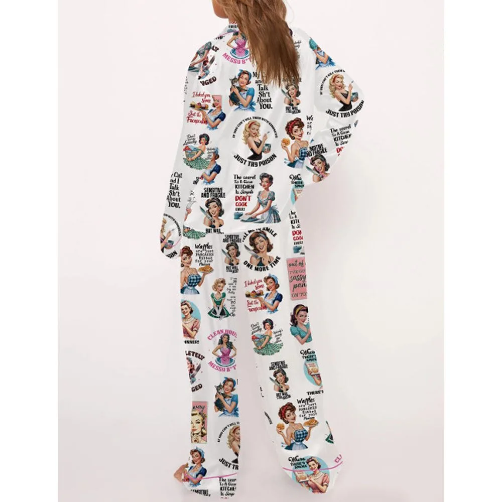 Sarcastic Retro Housewife Satin Pajama Set For Women - Image 3