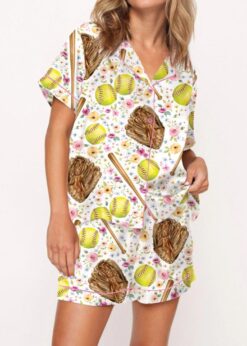 Softball Floral Satin Pajama Set For Women