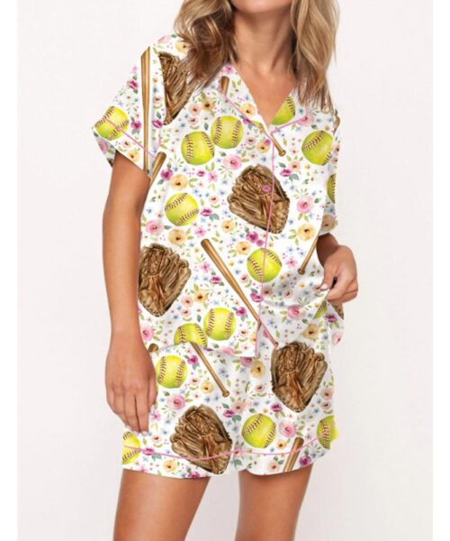 Softball Floral Satin Pajama Set For Women