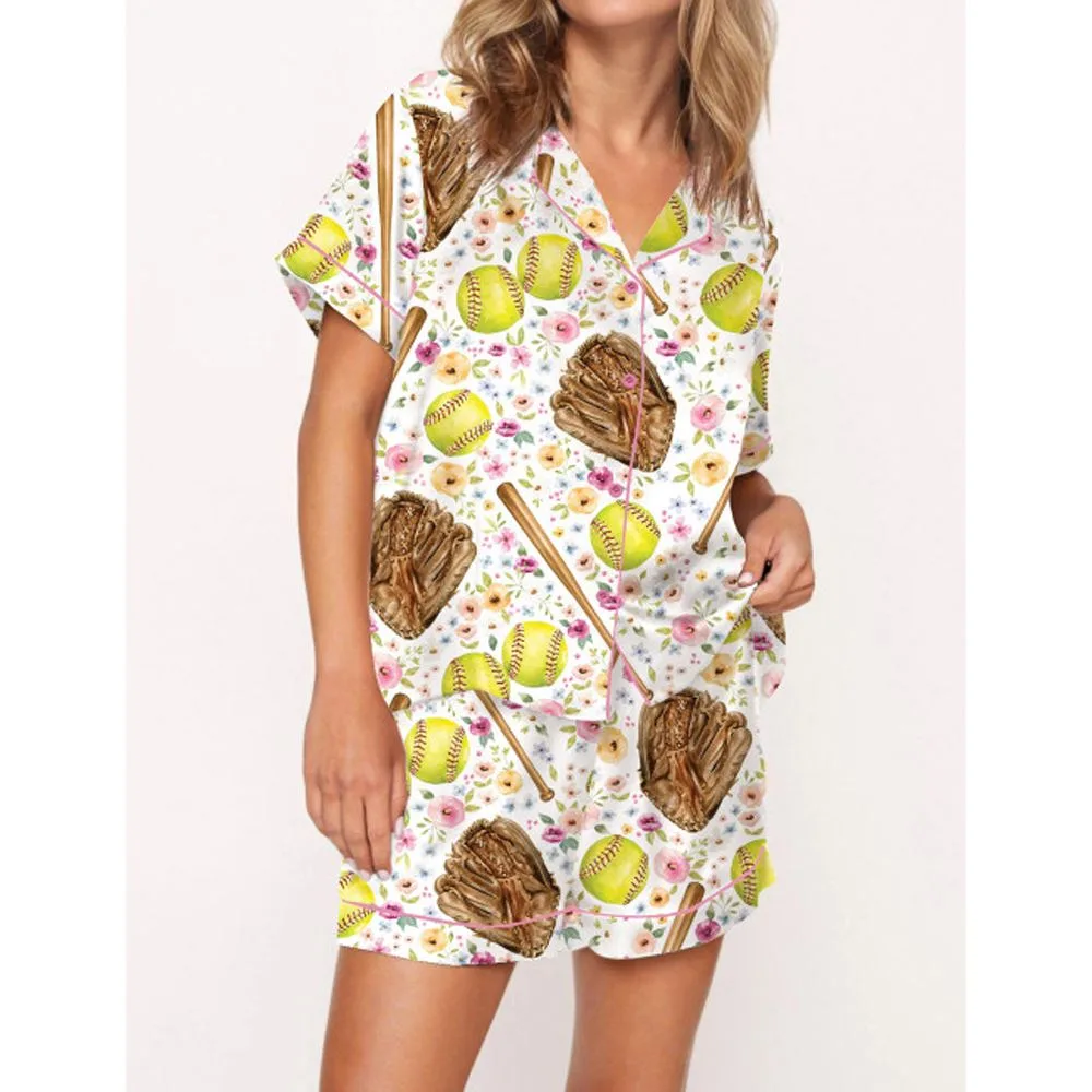 Softball Floral Satin Pajama Set For Women