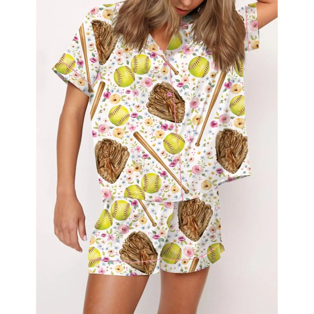 Softball Floral Satin Pajama Set For Women - Image 2