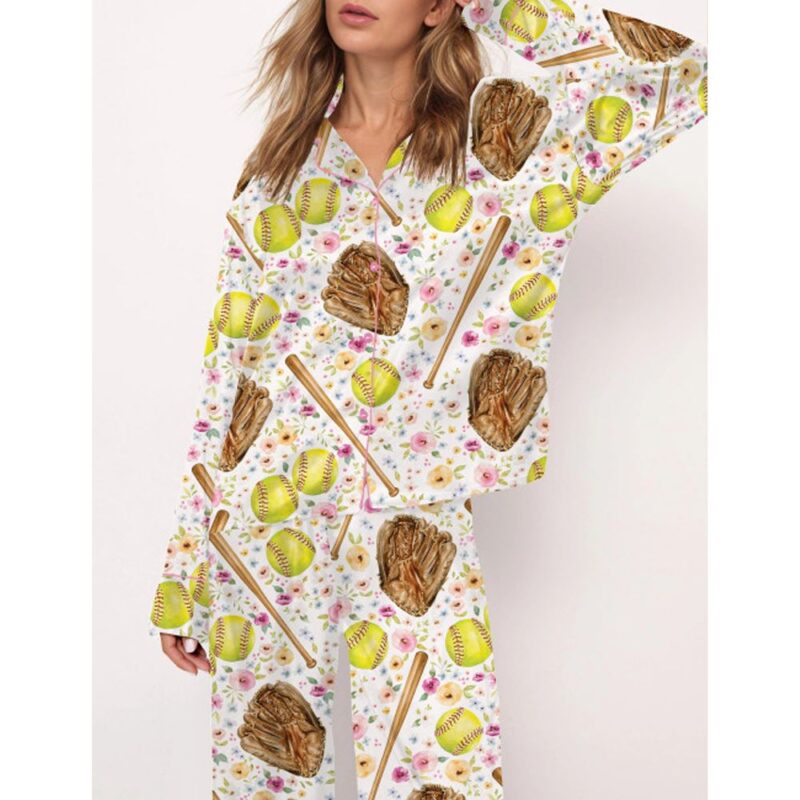 Softball Floral Satin Pajama Set For Women - Image 3