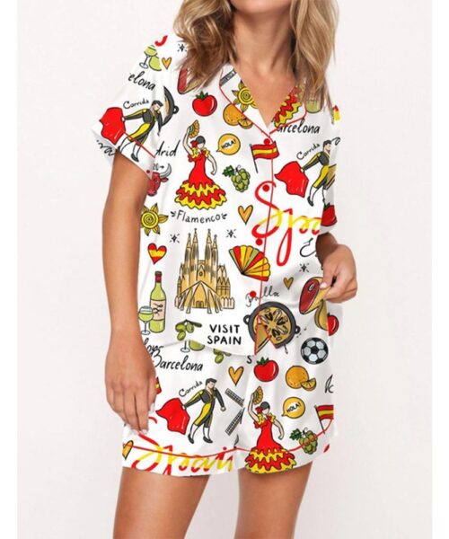 Spain Travel Satin Pajama Set For Women